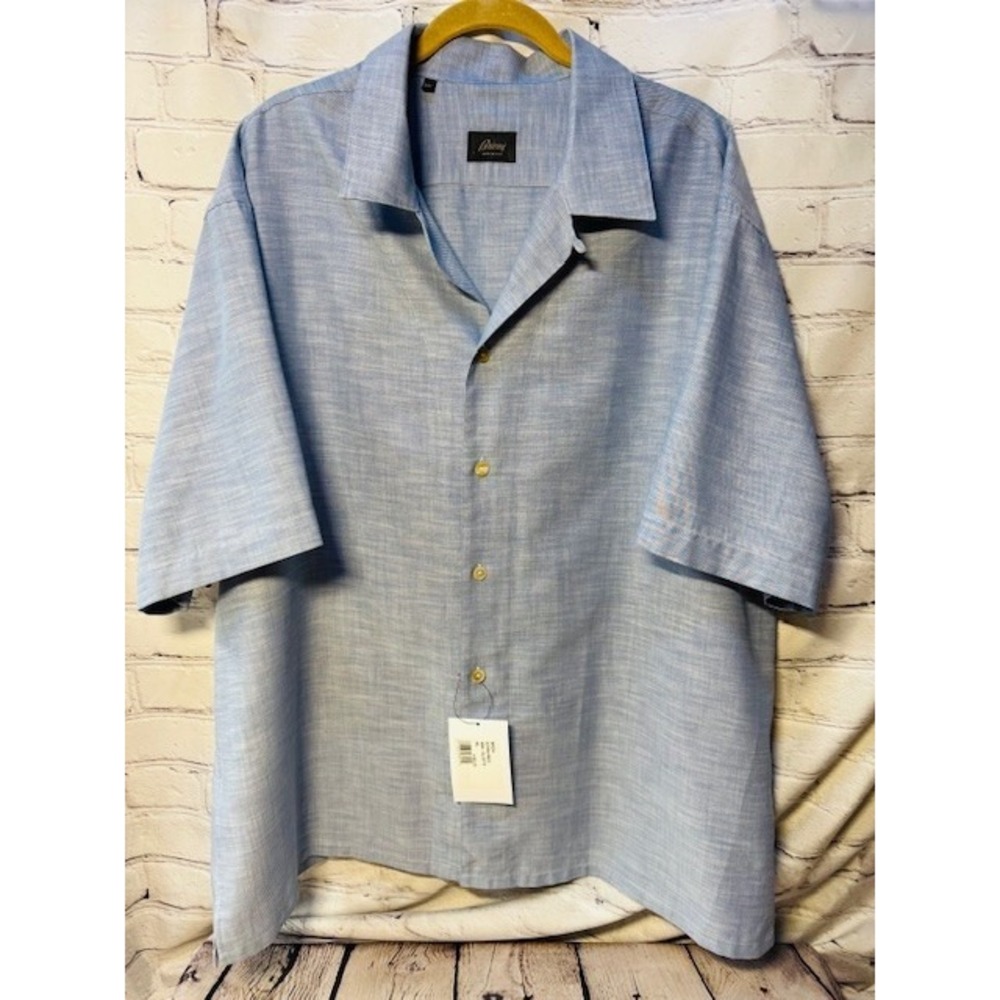 Brioni Men 3XL Bluette Blue Cotton Slub Short Sleeve Cuban Camp Collar Shirt NEW